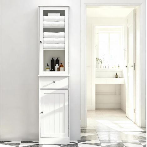 Hoher Badezimmerschrank Weiß aus MDF und Acryl mit Schublade und Regalen, OKWISH (1/5)