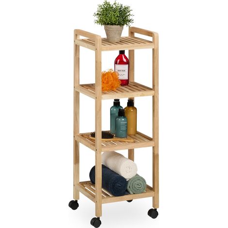 Relaxdays Bathroom Storage Shelf, Wood, HxWxD: 97 x 35 x 31 cm, Rack on Wheels, 4 Tiers, for Bathroom & Kitchen, Natural