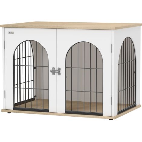 Cage pour Chien Meuble Cage Chien Intérieur Arche avec Double Porte comme Table d'Appoint en Métal 80x56x59cm Blanc (1/5)