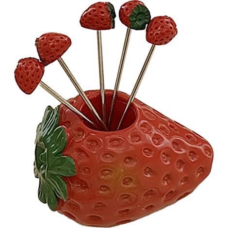 Ensemble de 5 fourchettes à fruits mignonnes et polyvalentes en acier inoxydable avec support, motif fraise.