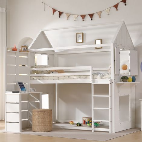 Letto a castello per bambini 90 x 200 cm con scrivania e divisorio aperto, matrimoniale, con scaletta e sponda di sicurezza, rete a doghe, Pino, per ragazzi e adulti - Bianco (1/5)