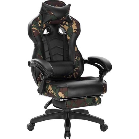 Sillas deportivas de oficina silla gaming con reposacabezas cojín lumbar y reposapiés en polipiel camuflaje negro 190000081