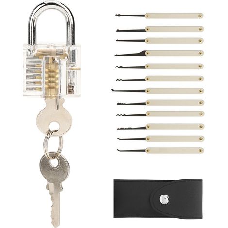 Kit de 15 pièces pour crochetage de serrurier, extracteur de clés, outil à poignée avec serrure transparente (1/5)