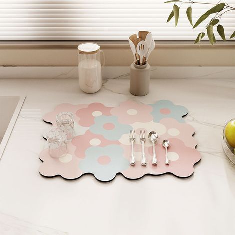 Tapis égouttoir à vaisselle pour comptoir de cuisine, rafraîchissant, mignon et élégant, résistant à la chaleur et absorbant, rose et bleu, 30 x 40 cm (1/5)