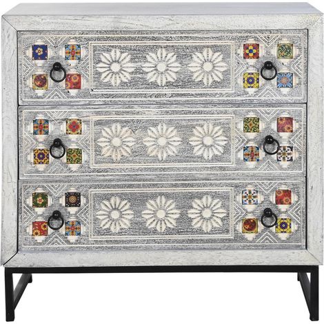 Commode, meuble de rangement en céramique, bois de manguier et métal noir - Longueur 80 x Profondeur 38 x hauteur 80 cm -PEGANE- (1/5)