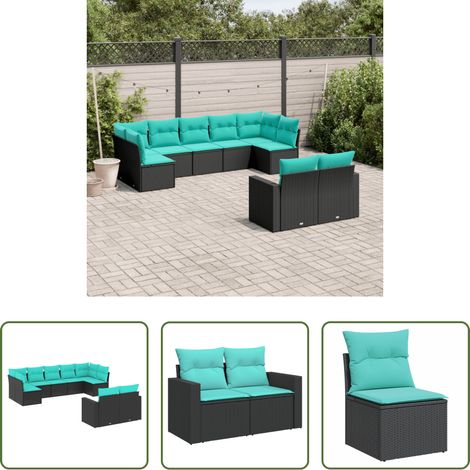 Gartensessel - 9-tlg. Garten-Sofagarnitur mit Kissen Schwarz Poly Rattan (1/5)