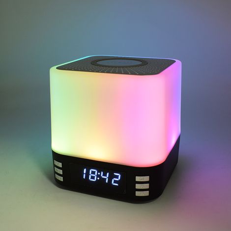 Veilleuse Bluetooth avec haut-parleur intégré, charge rapide sans fil 15 W, réveil Bluetooth avec bruit blanc, lampe de chevet tactile à intensité variable et couleurs changeantes, sans fil. (1/5)