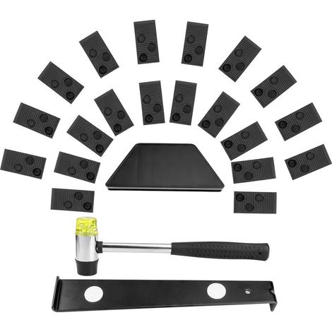 Kit d'installation de revêtement de sol stratifié, comprenant 20 cales, une barre de frappe, une barre de traction et un maillet.