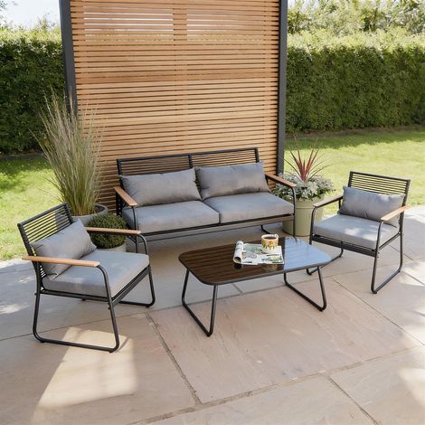 Black Metal 4 Piece Garden Set Padded Cushion Glass Tabletop Outdoor Furniture (1/5)