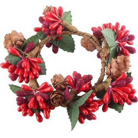 Künstlicher Weihnachtskranz, kreativer Kerzenhalter für Zuhause, dekorative Perlen, rustikaler Stil, DIY-Dekorationskranz, rote Sandperlen, Innendurchmesser ca. 7 cm. (1/5)