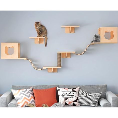 1 Ensemble Étagère Murale Chat, 2 Maisons Bois Pin, 4 Perchoirs, 1 Griffoir, Pour Salon