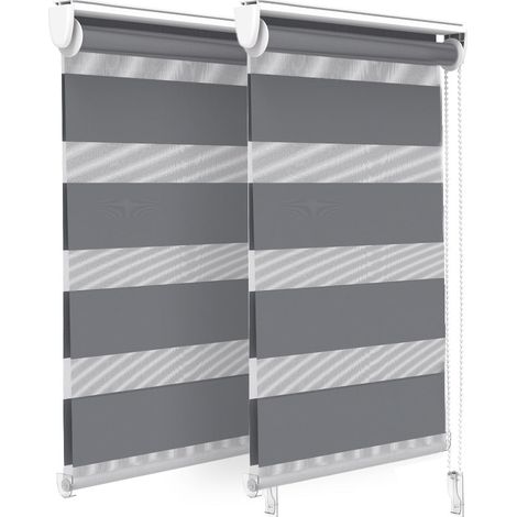 VOUNOT Set of 2 Zebra Roller Blind Double Fabric, Day and Night Translucent or Blackout Vision Curtains, Grey, 45 x 150 cm (1/5)