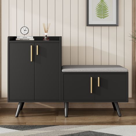 Banco zapatero 120x34x82,8 cm negro, 4 puertas, para recibidor – MEUBLIV (1/5)