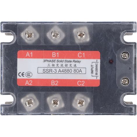 Relais statique triphasé 80A 480VAC, sortie SCR bidirectionnelle AC-AC, tension de crête 600VAC, module SSR 3 phases pour commande industrielle. (1/5)