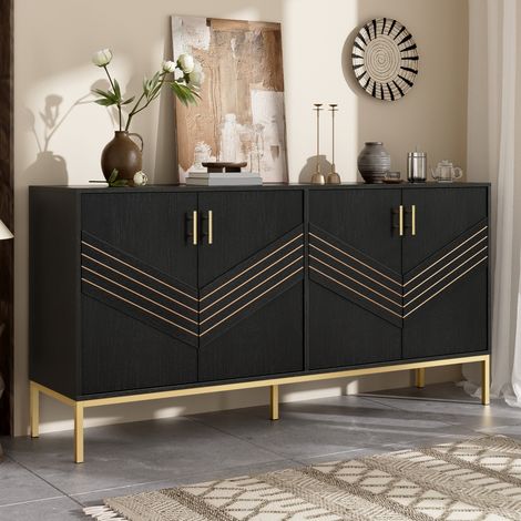meuble rangement buffet 4 portes 160 cm MDF noir bois OKMYHOME (1/5)