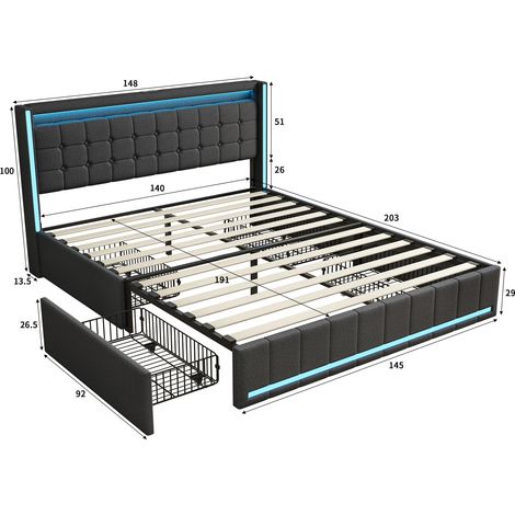 Lit 140x190 cm avec sommier, lit double capitonné, 4 tiroirs,  éclairage LED réglable, deux ports USB/C, style scandinave, Lin - Gris Foncé