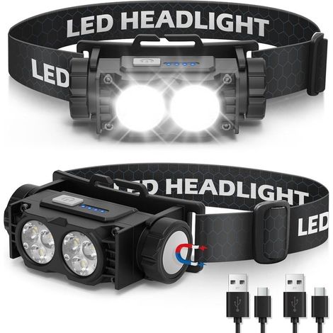 Lampe Frontale 2 Pièces,Lampe Frontale LED Ultra Puissante 2000 Lumens,USB,Torche Frontale 3 Modes IPX5,Camping,Cyclisme,Running (1/5)