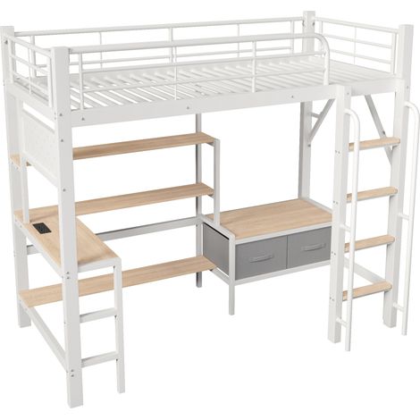 Cama alta 90 x 200 cm blanca con escritorio, estantes, cajones de tela y LED (1/5)