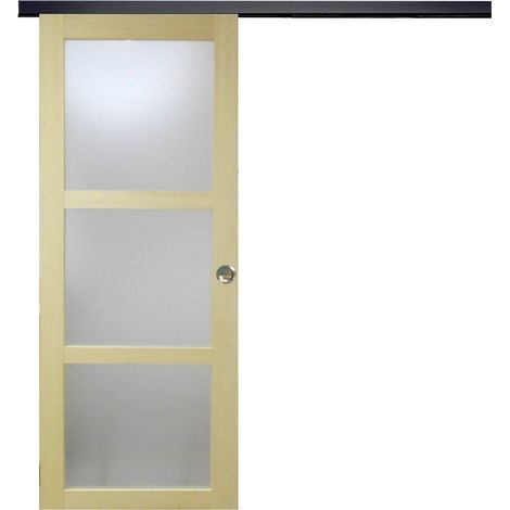 Puerta corredera de madera Ayous con cristal H204 x L73 cm, riel de aluminio con banda negra, conchas de GD MENUISERIES