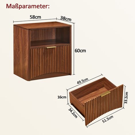 Table de nuit Genuteter avec tiroir ouvert et poignées dorées, gain de place, pour salon et chambre, aspect noyer (1/5)