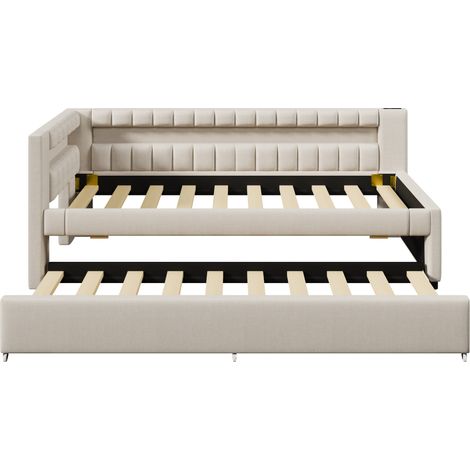 Cama de día 90 x 200 cm con cama nido, LED, USB y USB-C, lino beige, HOMVRA (1/5)