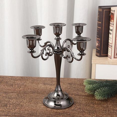 Bougeoir noir 5 branches, chandelier candélabre en métal pour cheminée, décoration table, porte-bougies élégant, set de bougeoirs ornementaux. (1/5)