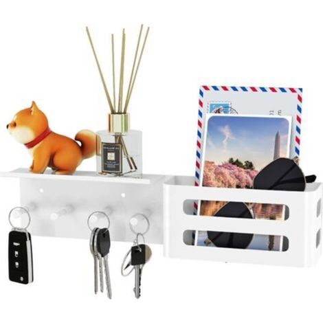 Porte-clés mural blanc avec 4 crochets, étagère murale décorative en métal pour clés, organiseur de clés et de courrier pour salon, entrée, vestiaire, couloir.