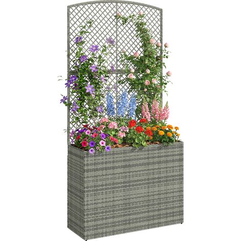 Outsunny Rattan Garden Planter with Trellis and Liner, Dark Grey