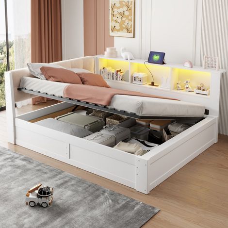 Lit Coffre 140x200cm - Lit Banquette 140x200 - Lit Double en Bois avec Coffre Hydraulique, Étagère, LED et USB – Blanc (1/5)
