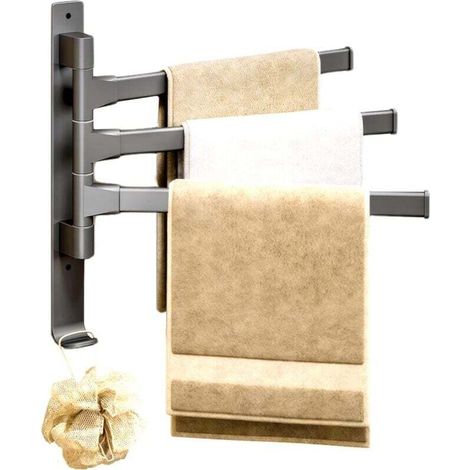 Portasciugamani senza foratura - 33 cm - Adesivo o con fissaggio a vite - Per bagno e cucina - Design girevole (grigio) (1/4)