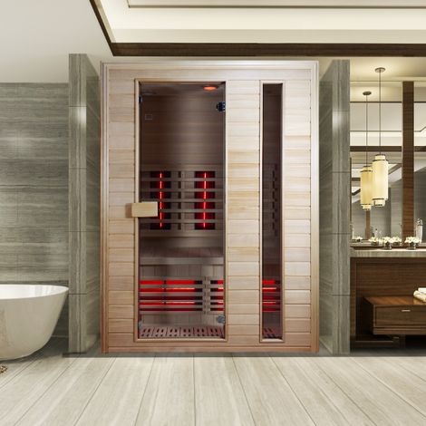 Sauna infrarouge 2/3 places en Hemlock canadien – 150x100x205H cm – Émetteurs à spectre complet – Panneau digital avec chromothérapie – Boreal