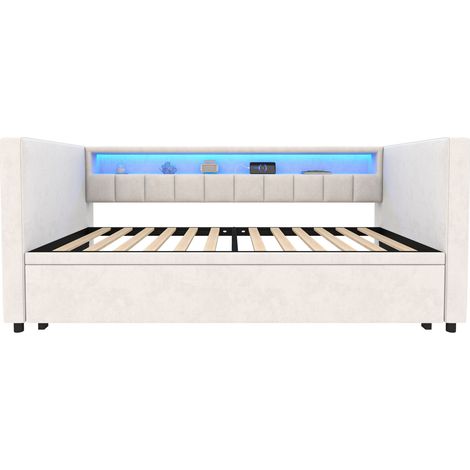 Divano letto convertibile 90 x 190 cm in velluto beige con LED, USB-C e vano MODENUIT (1/5)