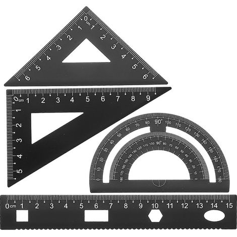 Ensemble de 4 règles métalliques robustes à monter soi-même, comprenant une règle de bureau, un rapporteur triangulaire et une règle de test pour élèves et étudiants.-Black