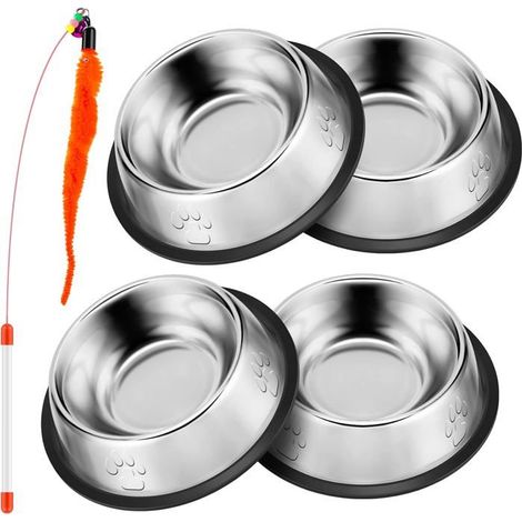 BelleRise - Lot de 4 gamelles en acier inoxydable pour chat, avec base antidérapante en caoutchouc. Gamelles métalliques pour chat et chien. (1/5)