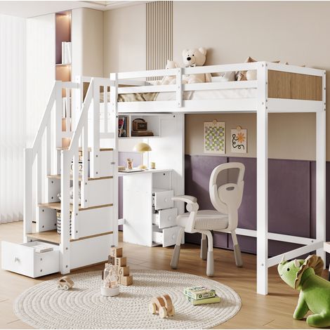 MEUBLIV Etagenbett 90x200 cm Weiß+Natur – mit Schreibtisch und Stauraum, ohne Matratze (1/5)