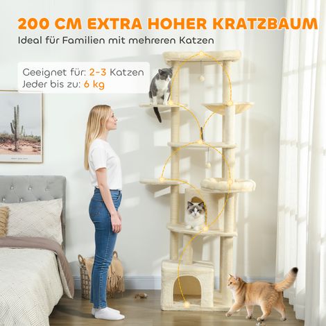 Arbre à chat 2 mètres hauteur pour 2-3 félins, avec griffoirs, cabanes, hamac, cachettes, étages multiples, sisal, bois et peluche, beige.