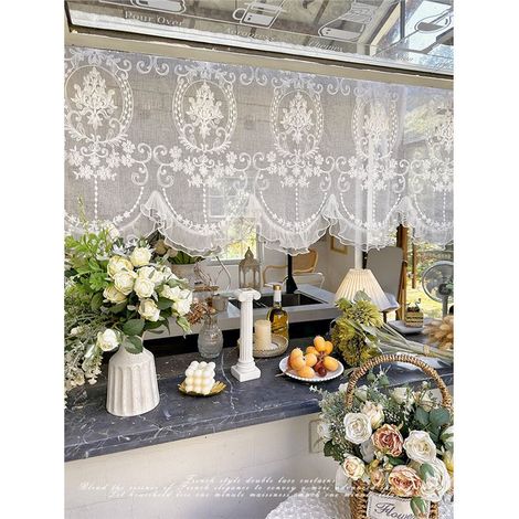 1pc Rideau de fenêtre transparent à motifs de dentelle double couche, brodé dans un style américain, français et européen, décoré de fleurs et perles, dimensions 65174cm (1/4)