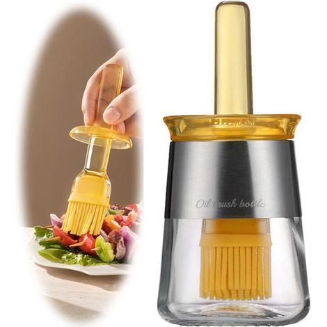 Distributeur d'huile - Cuisine - 2 en 1 - Silicone de qualité alimentaire - Verre - Jaune (1/4)