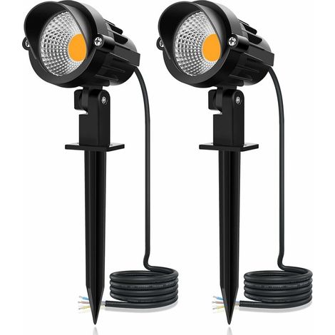 Spots LED d'extérieur 7 W, lot de 2, blanc chaud, 2700 K, IP66, étanches, 500 lm, éclairage extérieur LED avec piquet de terre, 100-265 V CA, lampe à piquer pour jardin, terrasse, allée, arbustes, pla