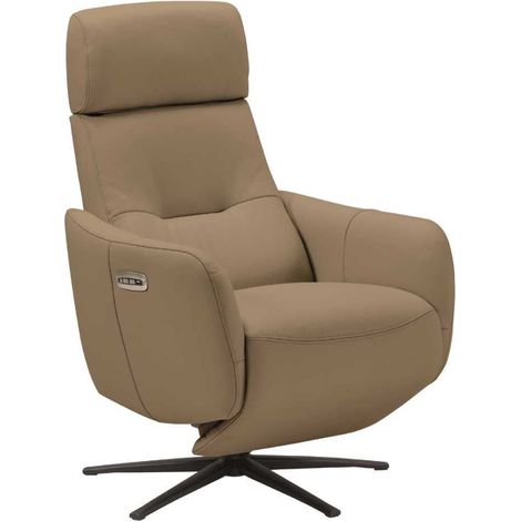 Fauteuil relax électrique pivotant avec têtière manuelle tout cuir marron clair - REANE (1/5)