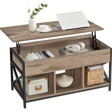 Mesa de centro elevable con espacio de almacenamiento oculto y compartimentos abiertos estructura de acero 50 x 100 x 62 cm marrón 120007492