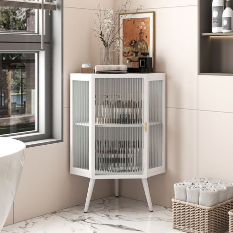 Meuble d’angle de rangement 80 cm en métal et verre trempé blanc, armoire colonne à 2 niveaux avec porte, étagères, pour salle de bains, salon ou chambre – CHICFURN (1/5)