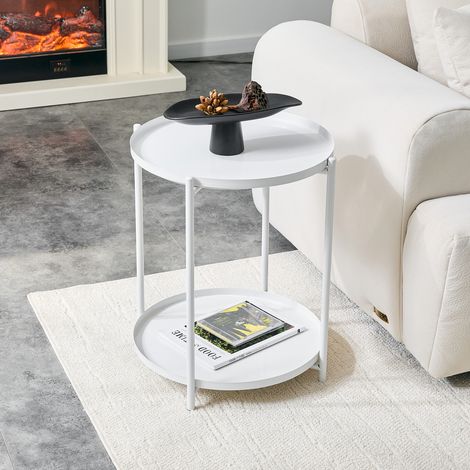 Mesa auxiliar redonda 42x42x52 cm blanca de metal con 2 niveles (1/5)