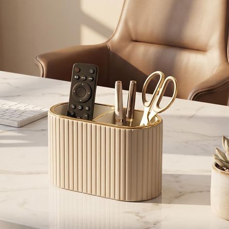 Organisateur de stylos, porte-crayons ovale, 2 poches, pot à crayons, en cuir synthétique, pour bureau et maison (beige)