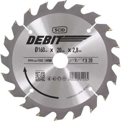 Lame au carbure pour scie circulaire SCID - Epaisseur 2,8 mm - 20 dents - Diamètre 160 mm - Alésage 20 mm