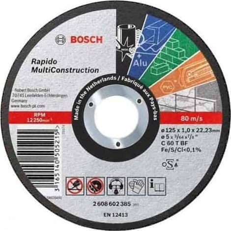 Bosch – Disque à tronçonner multi matériaux 125mm – Épaisseur 1mm – Diamètre intérieur 22,23mm – Coupe nette métal, pierre, plastique – 2608602385 (1/5)