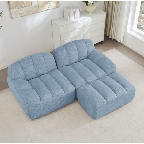 Modulares Ecksofa 210x165x79 cm blau aus granuliertem Fleece mit Ottomanen und montagefreiem Design (1/5)