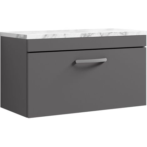 Nuie Athena Wall Hung 1-Drawer Vanity Unit with Carrera Marble Worktop 800mm Wide - Gloss Grey (1/4)