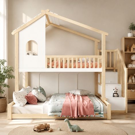 Litera infantil 90x200+140x200 blanco/natural con almacenaje, sin colchones - MEUBLIV (1/5)