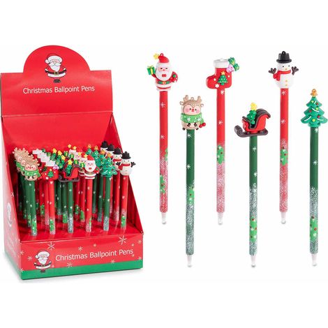 Penne di Natale a sfera con Babbo Natale, albero, pupazzo di neve, renna, slitta e calza gommosi, set da 24 pezzi, cm19,5H - Inchiostro:Nero